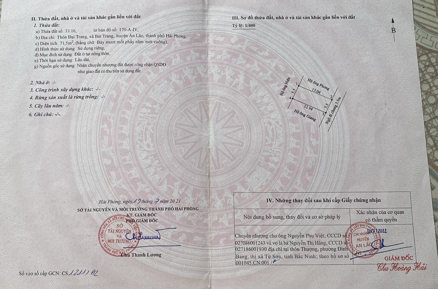Bán 71,5m2 đất ở Đại Trang, Bát Trang (An Lão)